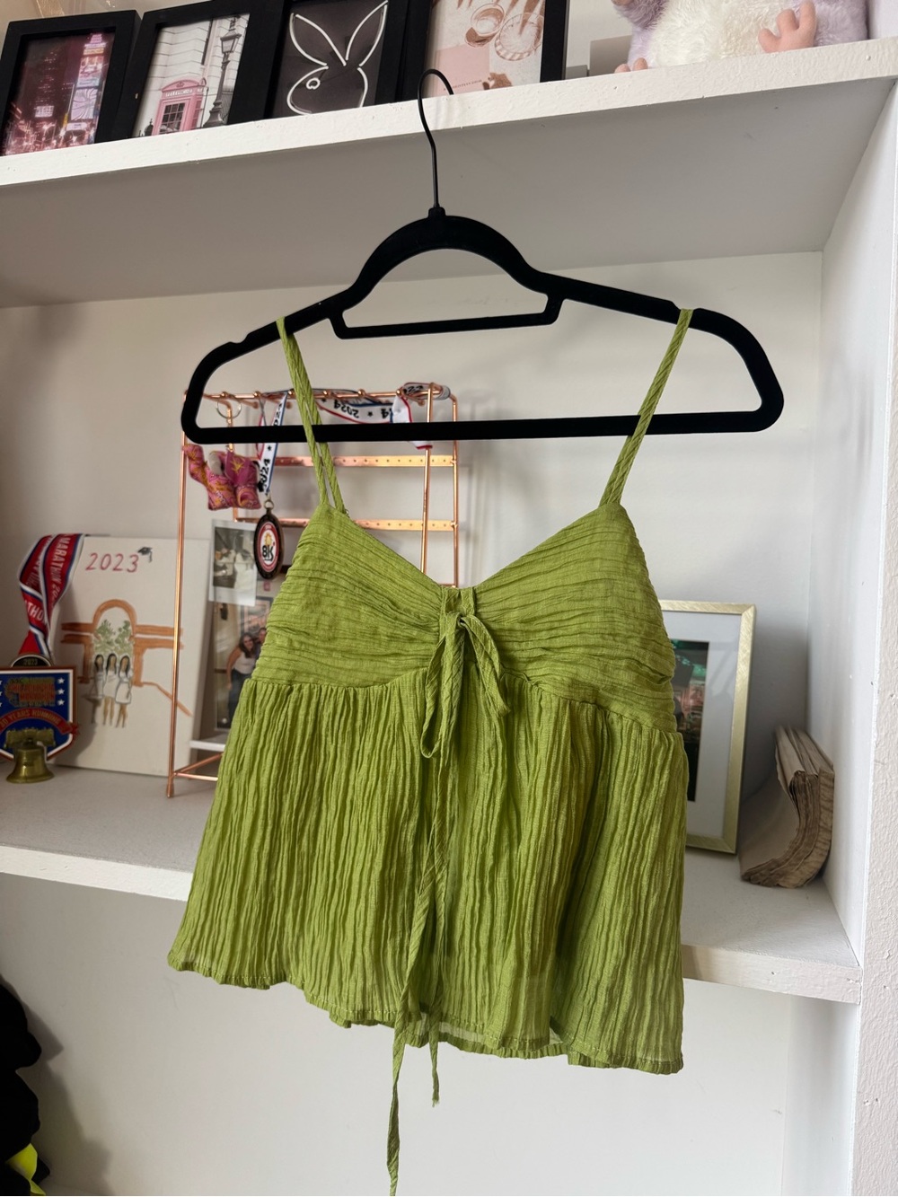 Green Crinkle Tie-Front Spaghetti Strap Top